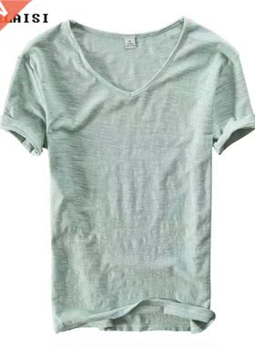 Summer Men linen cotton t shirt men short sleeve V-neck brea