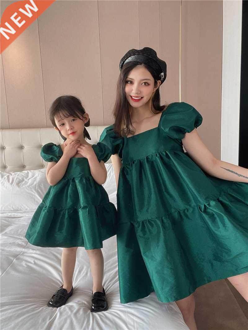 Green Bubble Pent-child Dress Family Matching Outfits Clot图片
