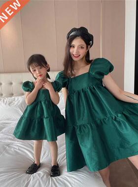 Green Bubble Pent-child Dress Family Matching Outfits Clot