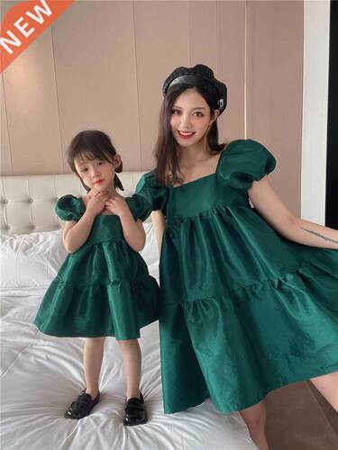 Green Bubble Pent-child Dress Family Matching Outfits Clot