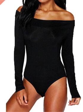 Women Off Shoulder Long Sleeve Strechy Bdot Bodysuit Top