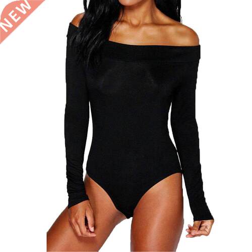 Women Off Shoulder Long Sleeve Strechy Bdot Bodysuit Top