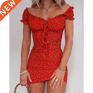 Women Floral Wrap Dress Off Shoulder Tie Up Front Ruffle Min