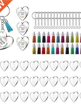 New 90Pcs Acrylic Discs Clear Heart Keychain Blanks Charms