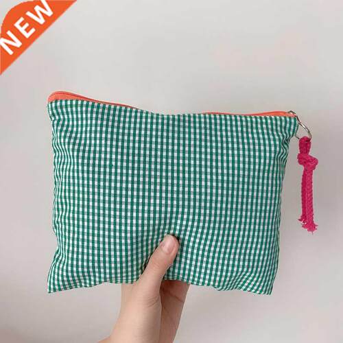 Women Plaid Makeup ag Fashion Cotton Zipper Pouch Multipurp