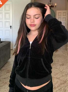 90S Y2K Solid Color Hoodies rown Oversized Velvet Zipper Fr