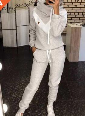 Women's Tracksuit Fleece 2 Piece Set Patchwork Pullover Hood