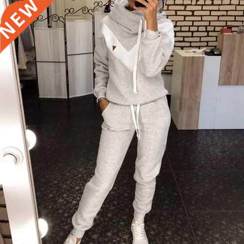 Women's Tracksuit Fleece 2 Piece Set Patchwork Pullover Hood