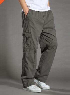 Men's Casual Trousers Cotton Overalls Elastic Waist Full Len