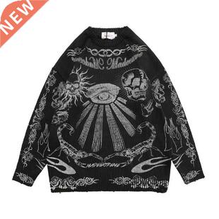 Men High Sreet Sweater Vintage Disressed Skull Graffiti Knit