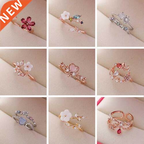 2022 New Fashion Crystal Zircon Rings Sweet Flower Leaf Butt