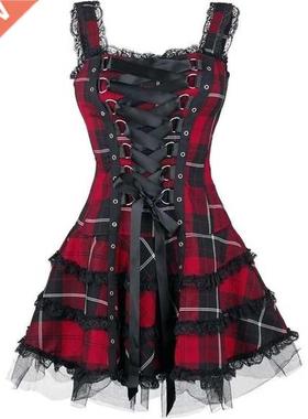 Dress Women Clssic Frill Lce Dresses Sleeveless Plid Vint