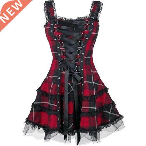 Dress Women Clssic Frill Lce Dresses Sleeveless Plid Vint