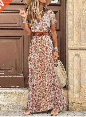 Womens Floral Vintage Boho Long Dress Print V-Neck Short Sle