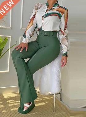 Leaf Print Buttoned Shirt & High Waist Pants Set Women T