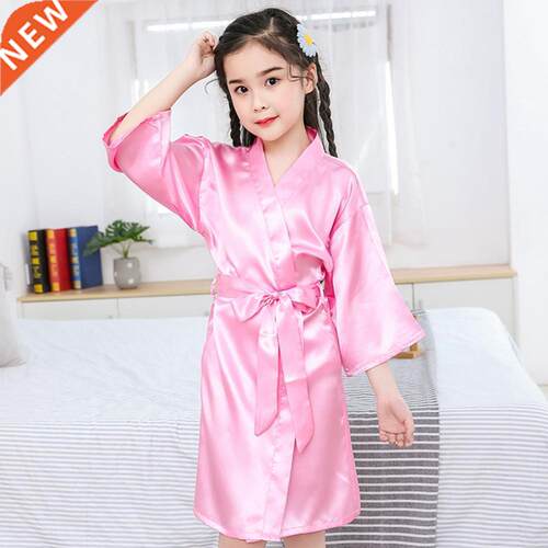 Summer Girls Silk Robe Solid Color Children's Pajamas Soft K