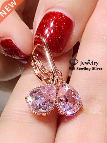 S925 Silver Drop Earrings For Women Water Drop Pink Cubic Zi