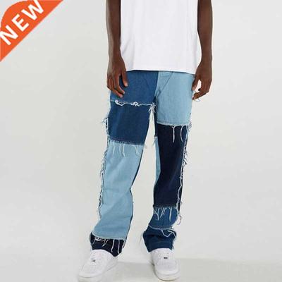 Men Wash Splice Casual Straight Tassel Patchwork Jeans Trous