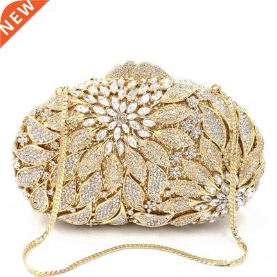 Gold Metal Leaves White Crystals Evening Clutch Bags Luxury