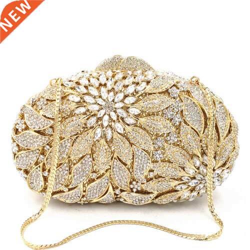 Gold Metal Leaves White Crystals Evening Clutch Bags Luxury