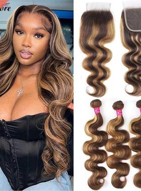 P4 27-mechones con cierre de encaje HD, extensiones ondulada