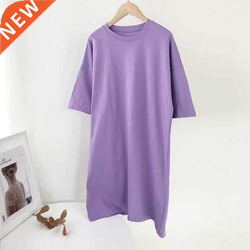 2021 Summer Casual Loose Sid Cotton T Shirt Dress Women O