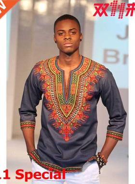 大码男士外贸速卖通爆款男装民族风印花T恤衫A plus-size T-shirt