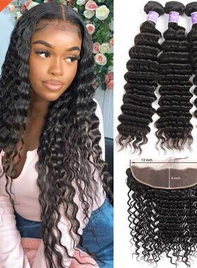 Deep Wave Human Hair /4 Bundles With Frontal Brazilian Hair