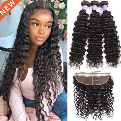 Deep Wave Human Hair /4 Bundles With Frontal Brazilian Hair