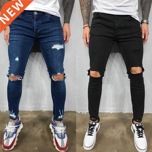 Men Jeans Black Blue Cool Skinny Knee Hole Ripped Stretch Sl