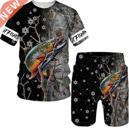Summer Funny D Printed T-shirt Shorts Set Carp Fishing Men'