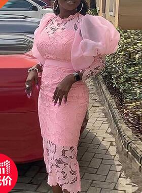S-4xl Large Size Ladies Pink Lace Bubble Sleeve Dress 大码裙
