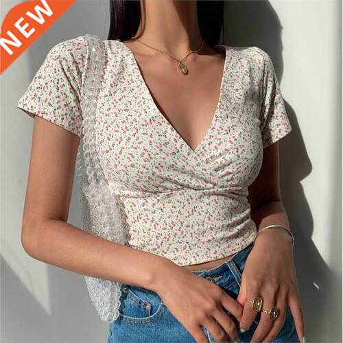 Summer French retro floral V-neck short-sleeved T-shirt Slim