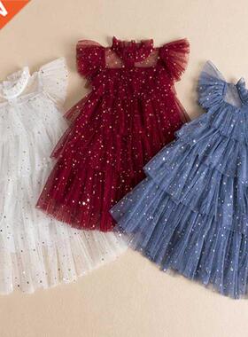 2022 Sequin Party Dress For Girls Shiny Star Pattern Bow Rai