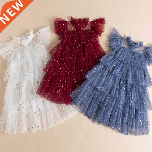 2022 Sequin Party Dress For Girls Shiny Star Pattern Bow Rai