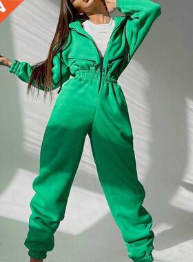 Casual Women Basic Hoodie Two Piece Sets Zipper Drawstring J