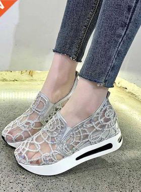 Female Wedge Shoes Sequin Mesh Breathable Shoes Women Gold S