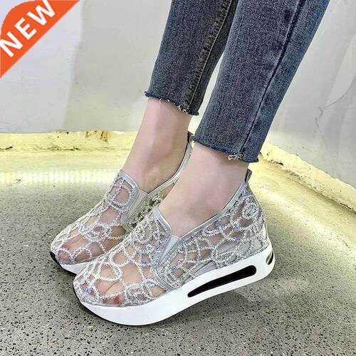 Female Wedge Shoes Sequin Mesh Breathable Shoes Women Gold S