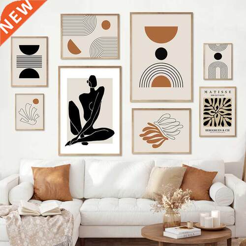 Boho Matisse Poster Beige Black Abstract Line Art Paintings