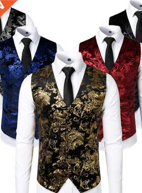 Gold Steampunk Vest Men Suit Gilet Homme Wedding Sleeveless