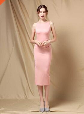 18707#Female Solid Color High Split Dress Summer Party Dress