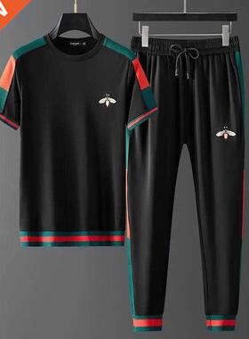 Ice silk suit men's summer new short sleeve T-shirt trousers