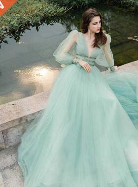 A Line Mint Green Long Sleeves Prom Dresses Modest V Neck Fl