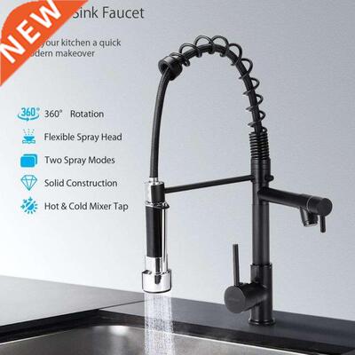 Spring Kitchen Faucet Pull Out Black Flexible Dual Spout Sin