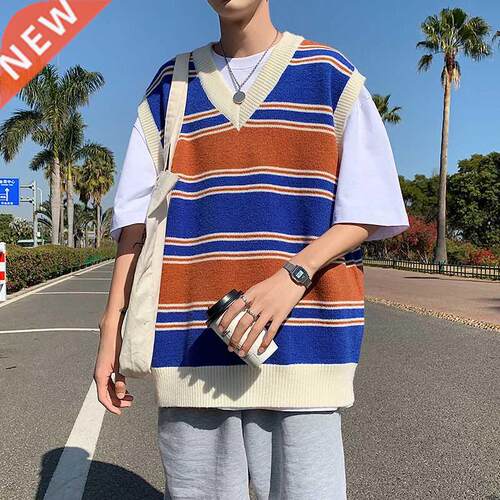 Stripe Sweater Vest Men Fashion Retro Casual V-neck Sweater