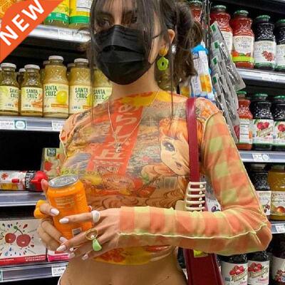 FUFUCAILLM Harajuku T Shirts 90s Girls Sheer Mesh Long Sleev