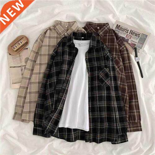 Vintage Plaid Shirts Women Autumn Long Sleeve Oversize utto