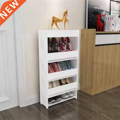 Simple inclined plastic shoe cainet ehind the door of whit