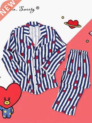 Print Women's Striped Cartoon Cute Pajamas Set Top Shirts Pa