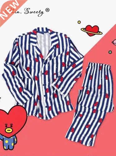 Print Women's Striped Cartoon Cute Pajamas Set Top Shirts Pa